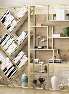 北欧简约创意置物书架落地办公靠墙收纳展示架落地实木铁艺书架