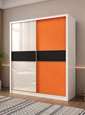 拼色烤漆推拉门衣柜家用卧室现代简约组装橙色亮面移门储物大衣橱