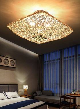 日式吸顶灯客厅卧室餐厅灯创意东南亚乡村田园风民宿藤编藤艺灯具