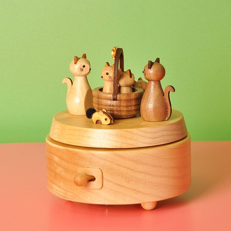 jeancard音乐盒祝福猫咪旋转木质八音盒森活木趣送小孩女生日礼物