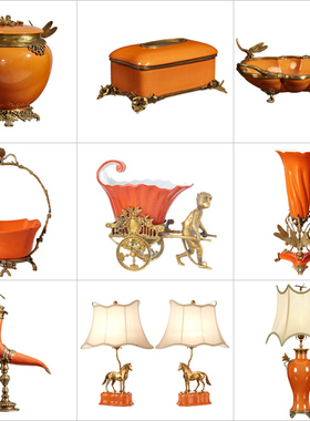 欧式陶瓷配铜橙色创意果盘客厅茶几装饰摆件花插纸巾盒水果盘摆件