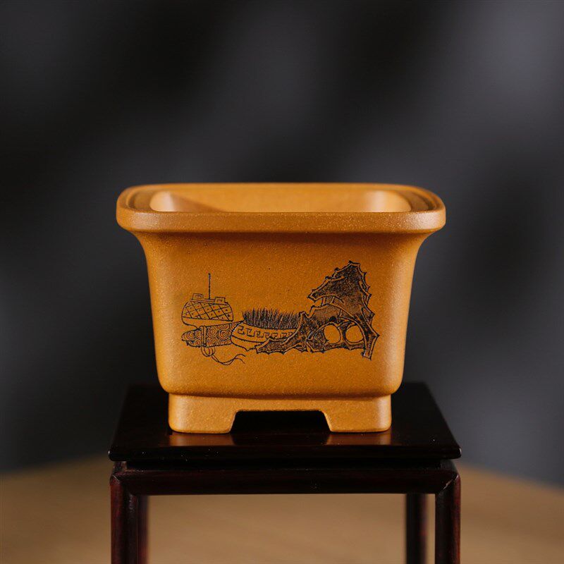 新款高档精品唯珍微型小号迷你精细四面刻绘桌面小四方紫砂盆景盆