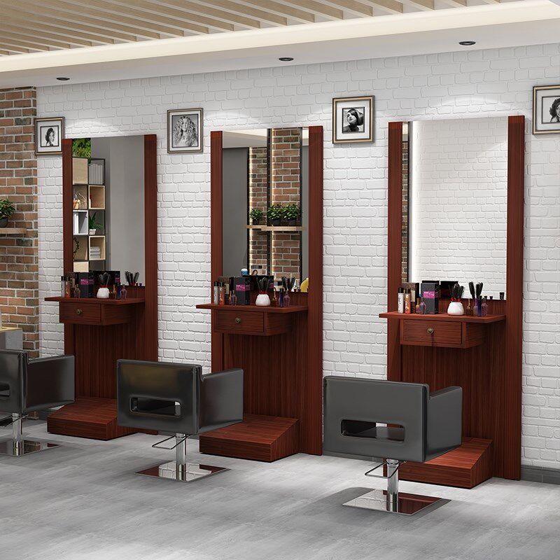 网红理发店单双面镜台美发店带灯镜子发廊专用带柜子一体剪发镜