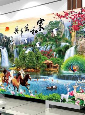 202绣1新款马到成功线印花十TJO绣山水客风字景家和万事兴厅大画