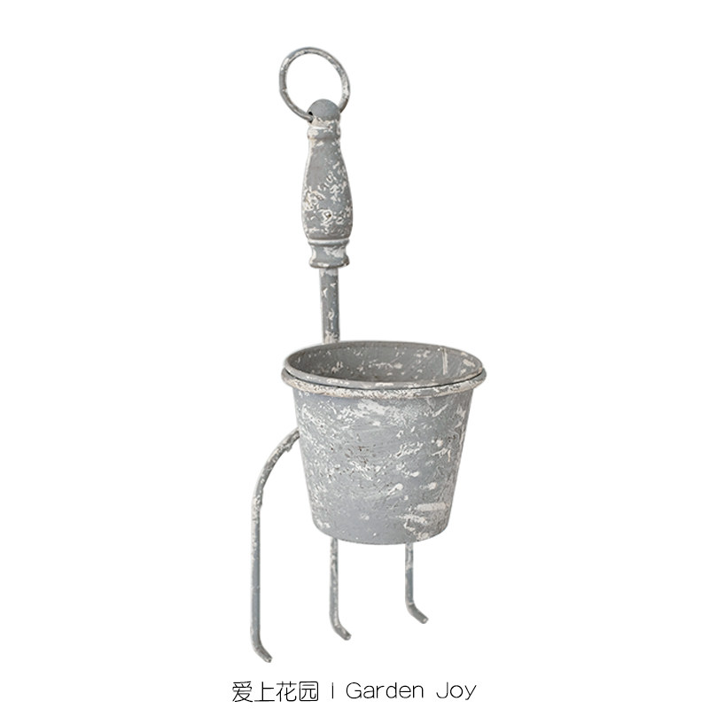爱上花园 园艺杂货铁艺铁皮做旧灰蓝色叉子 耙子花盆壁挂桶无底孔