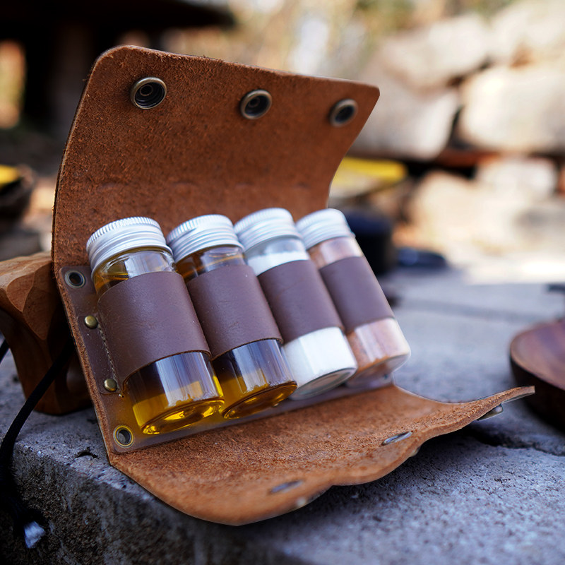 野人bushcraft 户外野营头层牛皮调料盒便携野炊烧烤玻璃油瓶套装