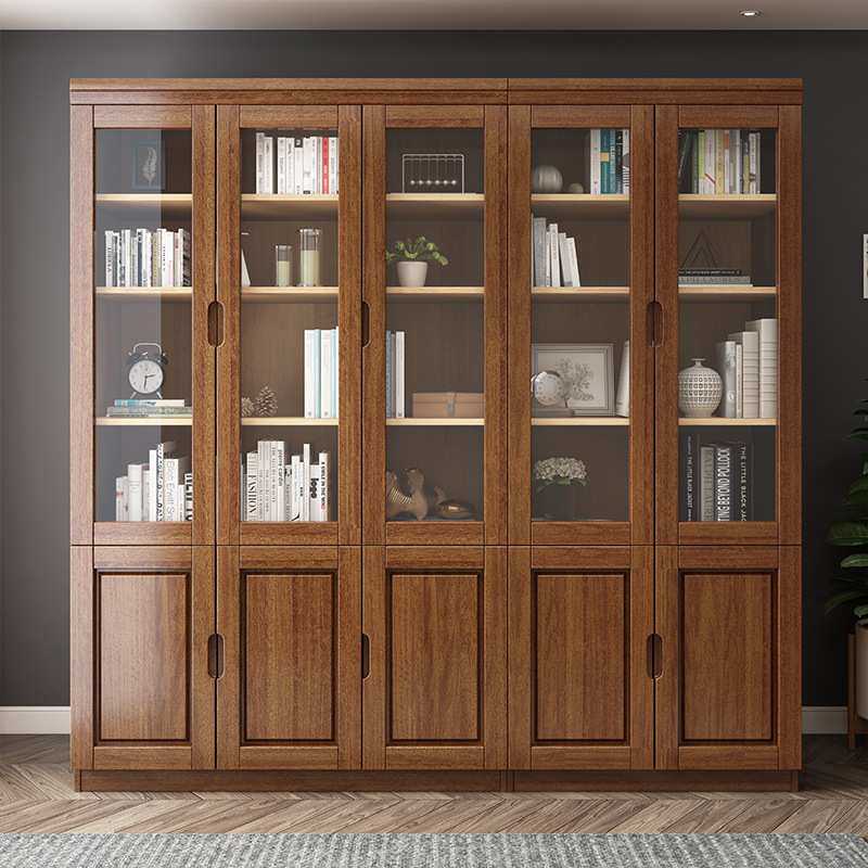 实木橡木书柜带玻璃门三门简易中式书架储物学生书橱办公室文件柜