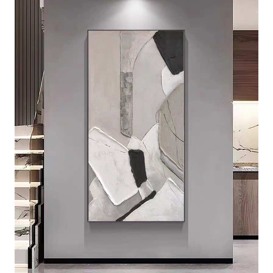 纯手绘黑白灰风格抽象肌理画新中式客厅入户玄关挂画落地竖款油画