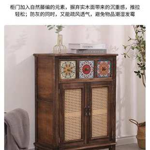 实木餐边柜藤编美式复古茶水柜客厅收纳柜民宿新中式储物柜阳台柜