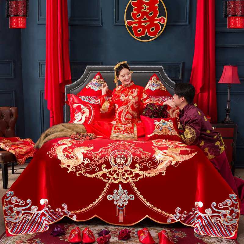 婚庆四件套大红色全棉刺绣结婚床上用品新婚喜被套件纯棉绣花床品
