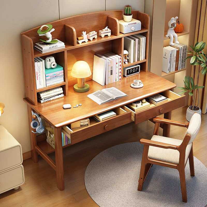 儿童学习桌实木书桌书架一体组合家用卧室学生写字桌办公电脑桌子