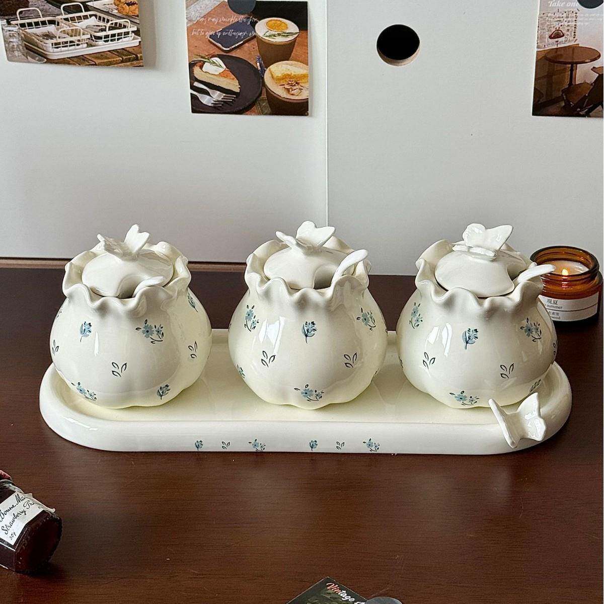 奶油蝴蝶碎花陶瓷带瓘家用高子耐温复古厨房油泼辣瓘调味罐辣椒油