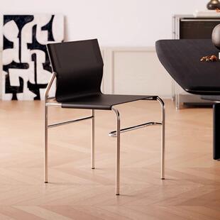 意式极简中古风马鞍皮岛台餐椅设计师酒店餐厅不锈钢家用靠背椅子