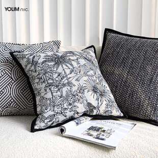 黑白灰法式中古风动物花纹雪尼尔提花客厅沙发抱枕床头靠枕靠垫套