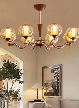 中古风客厅灯法式轻奢35468大吊感气高级玻璃厅复餐古胡桃木纹大