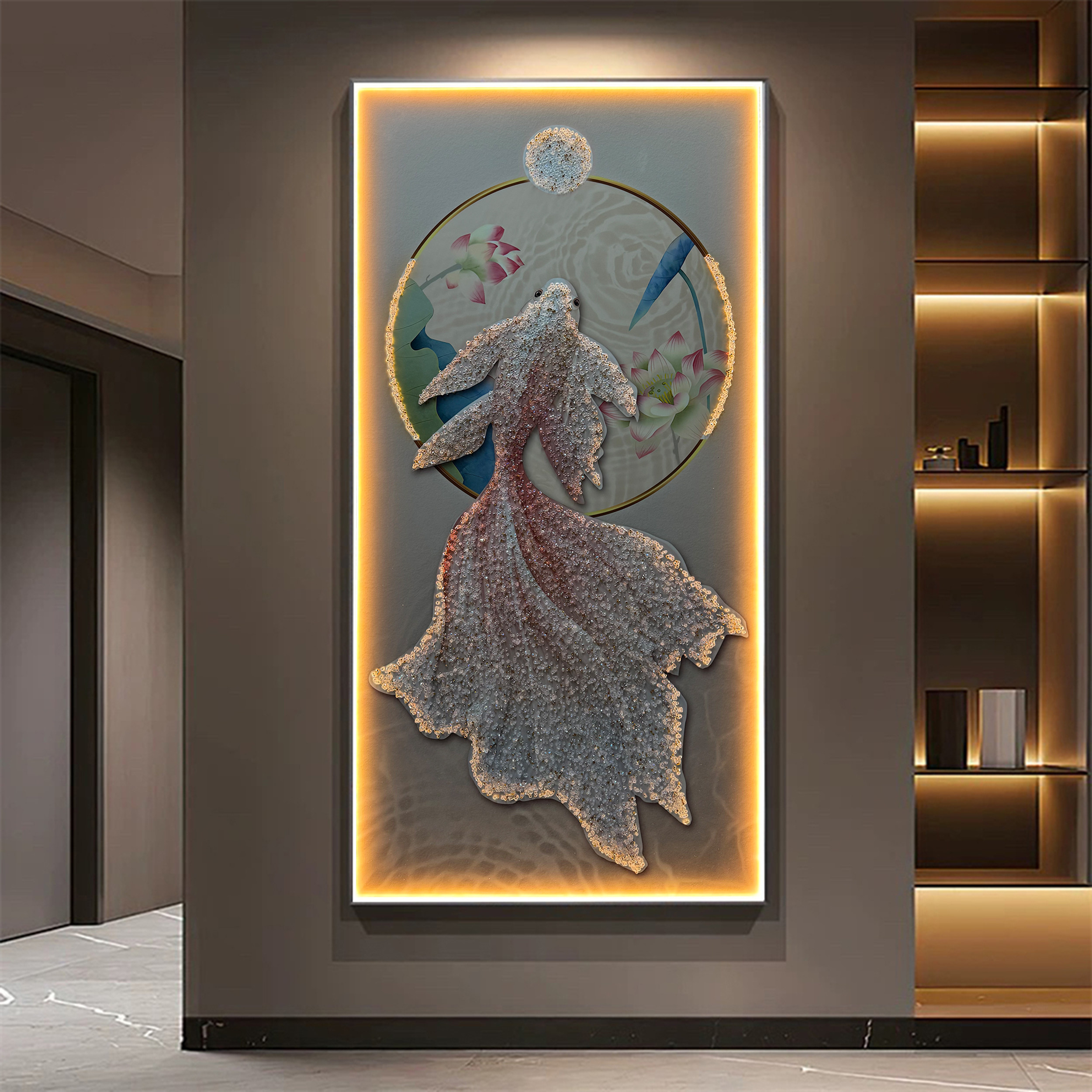 轻奢高级感荷花锦鲤玄关装饰画