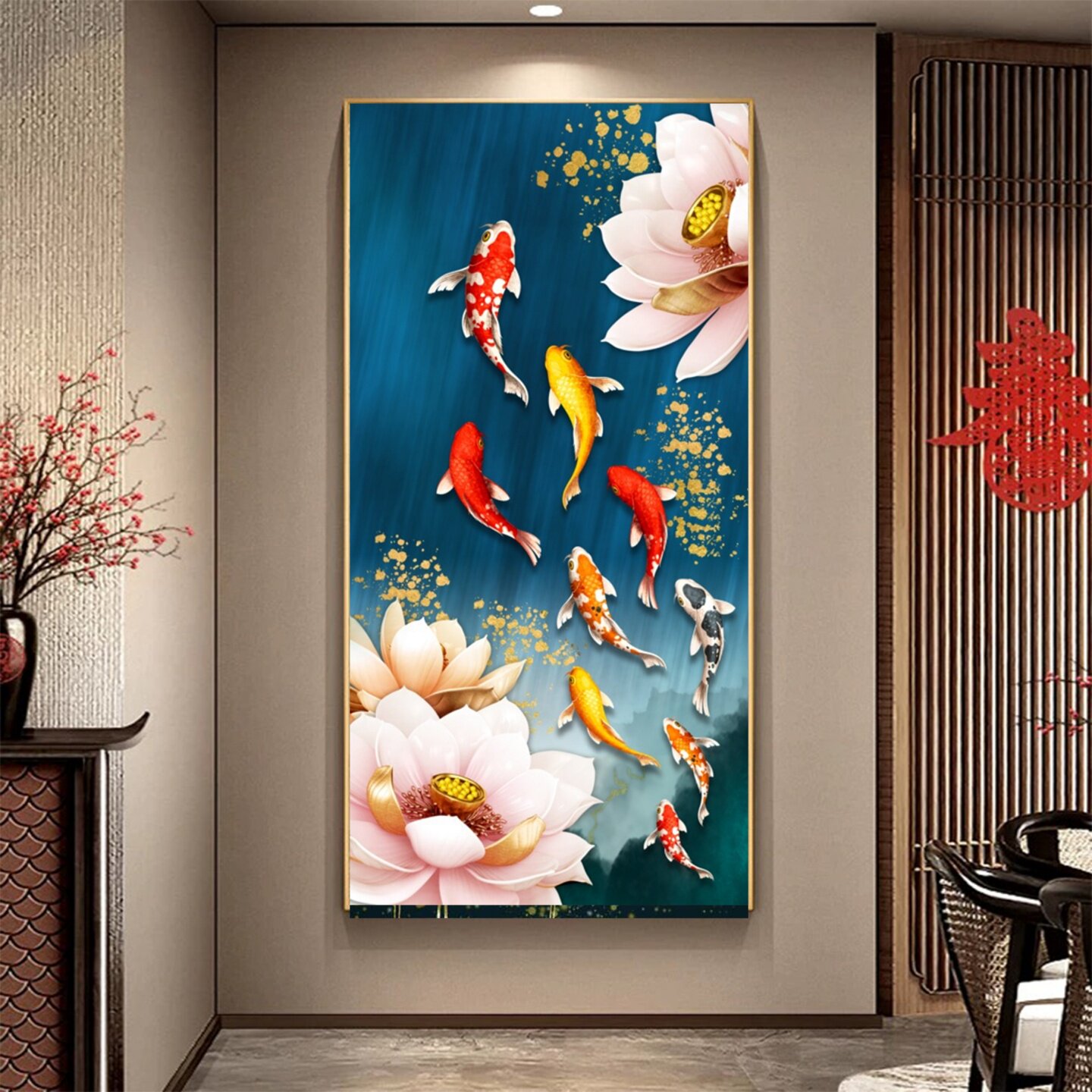 九鱼图玄关装饰画新中式入户正对门走廊过道客厅墙纸壁画