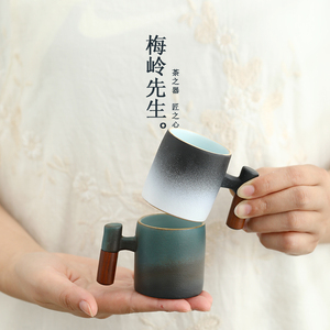 梅岭先生高档陶瓷实木手柄小茶杯品茗杯个人专用主人杯家用喝茶杯
