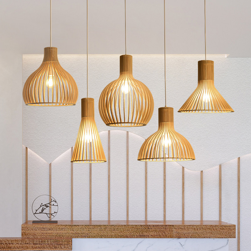 现代中式餐厅客厅实木吊灯创意木艺南瓜床头吊灯单头木质日式灯具