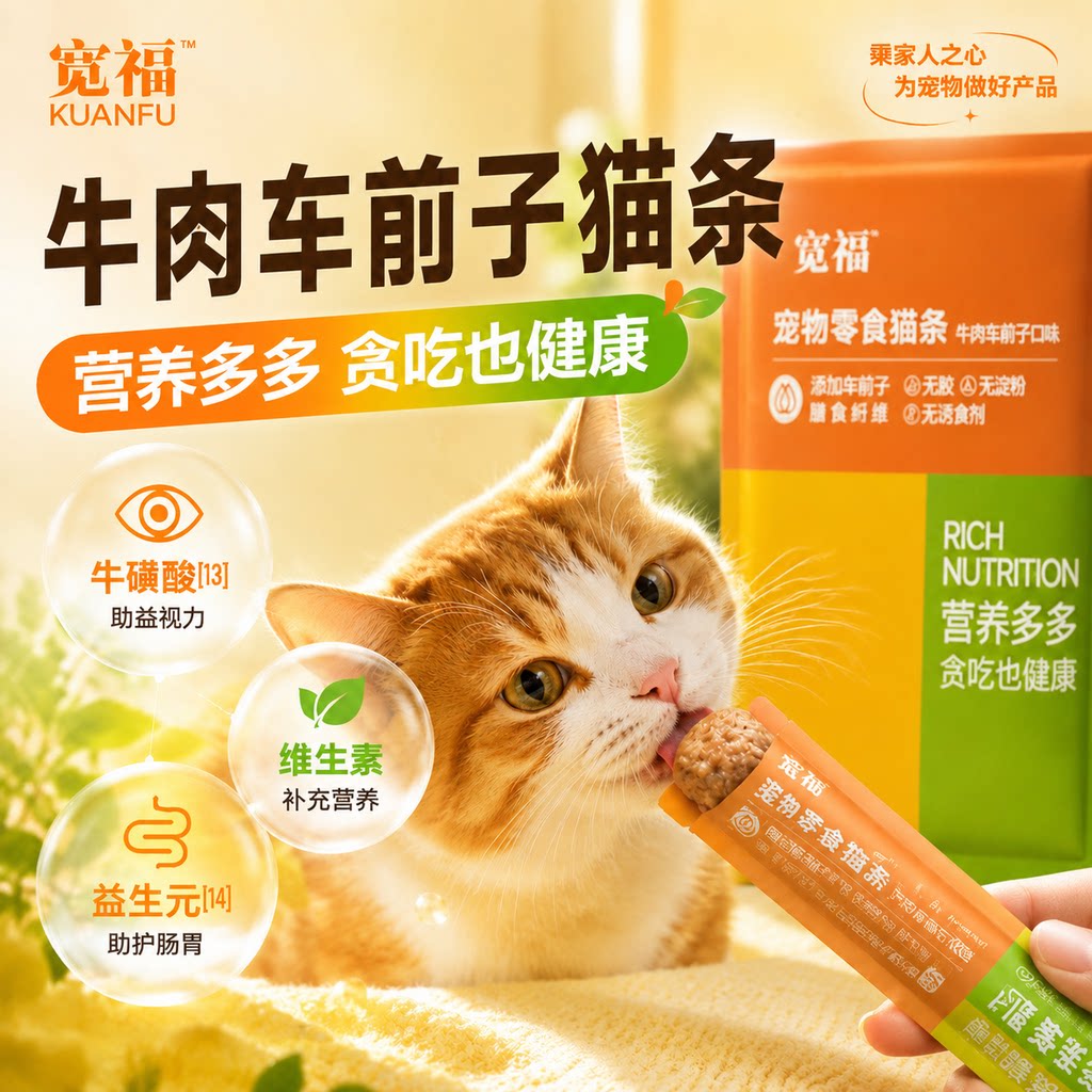 宽福白小爱牛肉车前子口味零食猫条成猫幼猫互动14g*15条便携装s