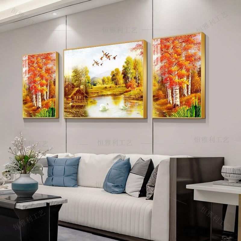 新中式风景壁画客厅装饰画办公室山水三联画沙发背景大气水晶挂画