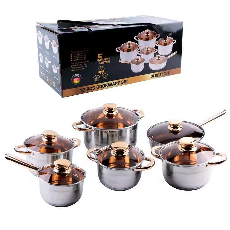 出口不锈钢十二件套锅复底不粘煎锅奶锅汤锅炊具套装cook wareset