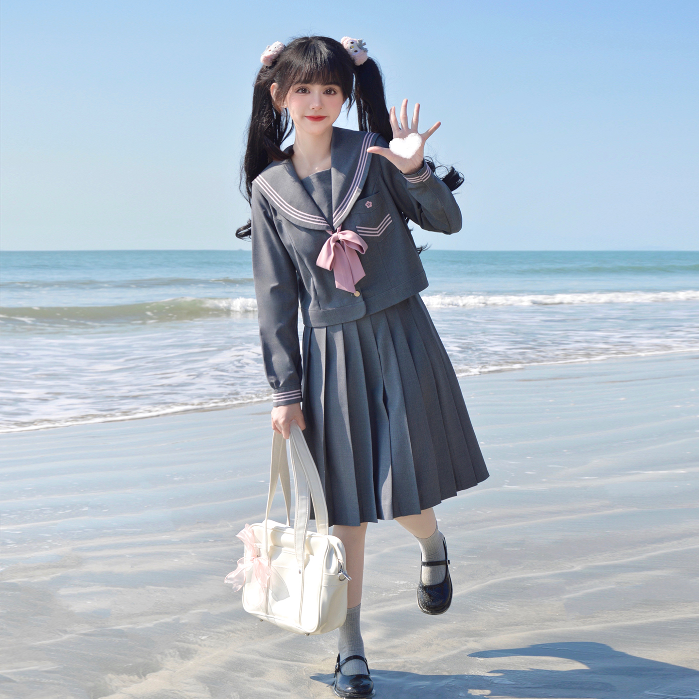 樱花家族jk制服水手服 椿岐女子 灰粉甜美长袖中间服冬服原创套装