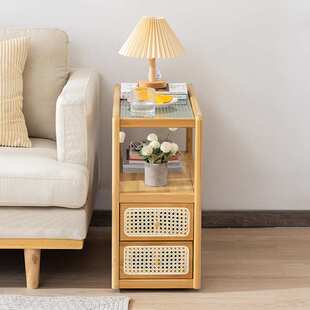 客厅玻璃沙发边柜可移动沙发茶几边柜日式藤编茶水柜极窄侧边角柜