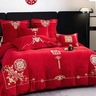 婚庆四件套大红色刺绣中式婚房结婚新婚喜庆被套床单高级婚庆套件