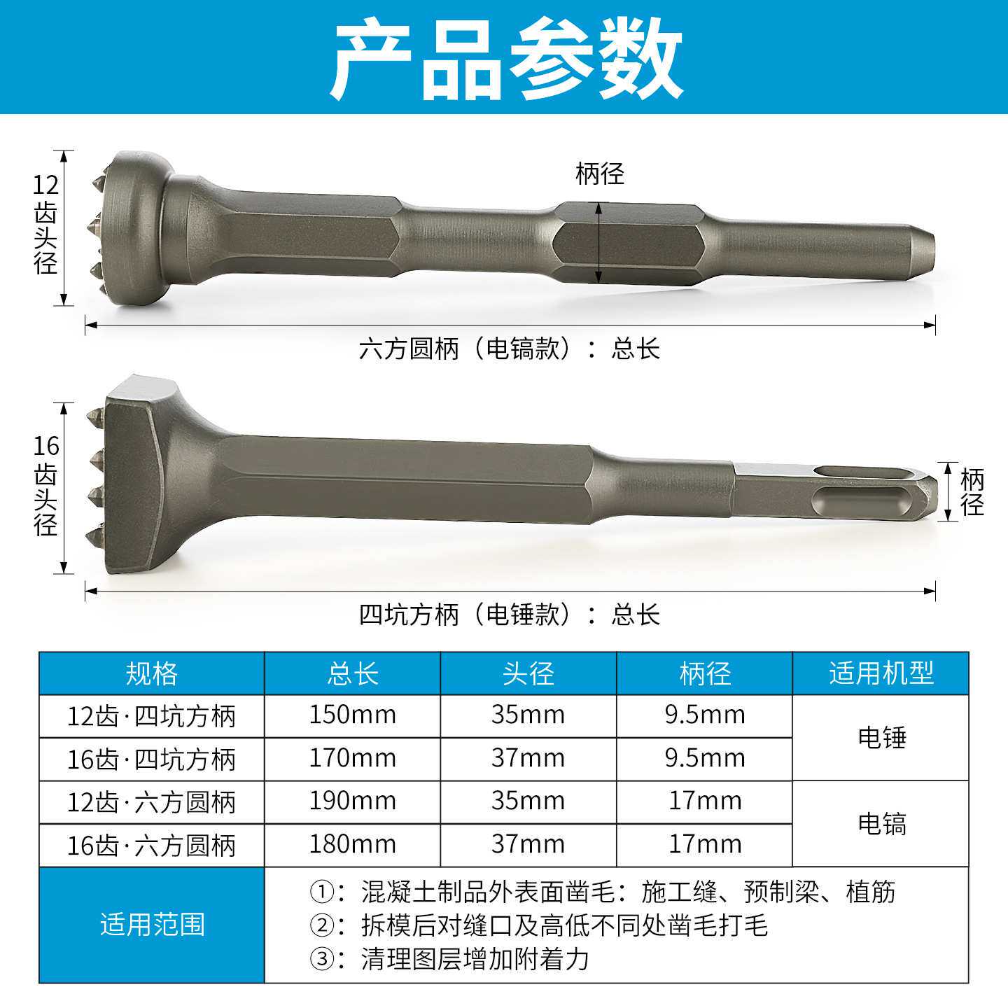 合金花锤凿毛头电镐电锤墙面水泥混凝土石材桥梁打荔枝面凿毛神器