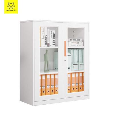 虎一家具加厚钢制文件柜资料柜铁皮柜办公室对开玻璃门矮柜纯白色