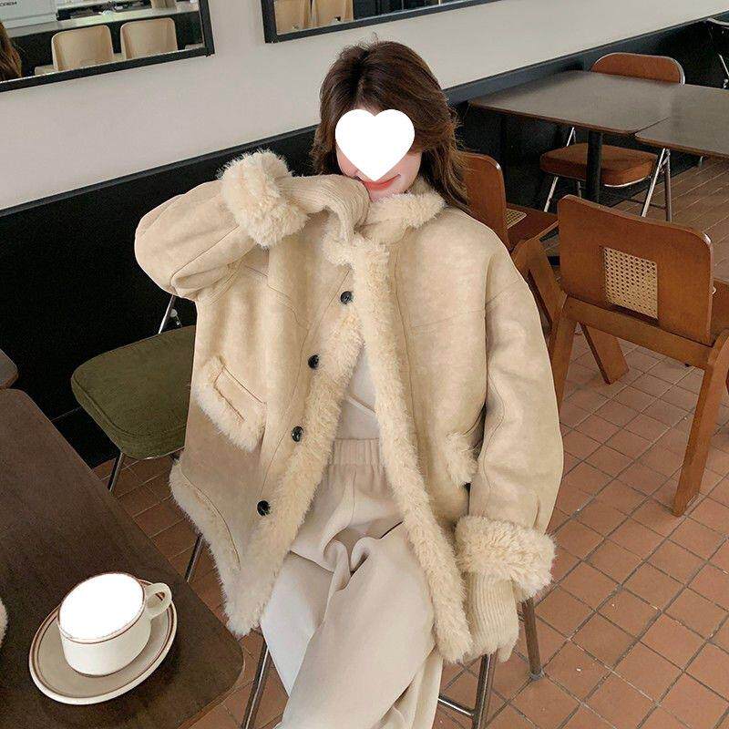 冬款上新韩版潮中长款百搭加厚保暖机车服外套女图片色灯芯绒兔毛