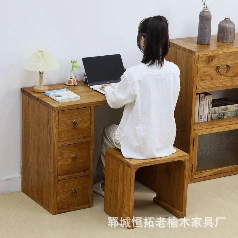 老榆木书桌小户型带储物桌子实木儿童写字台收纳桌新款木质桌子