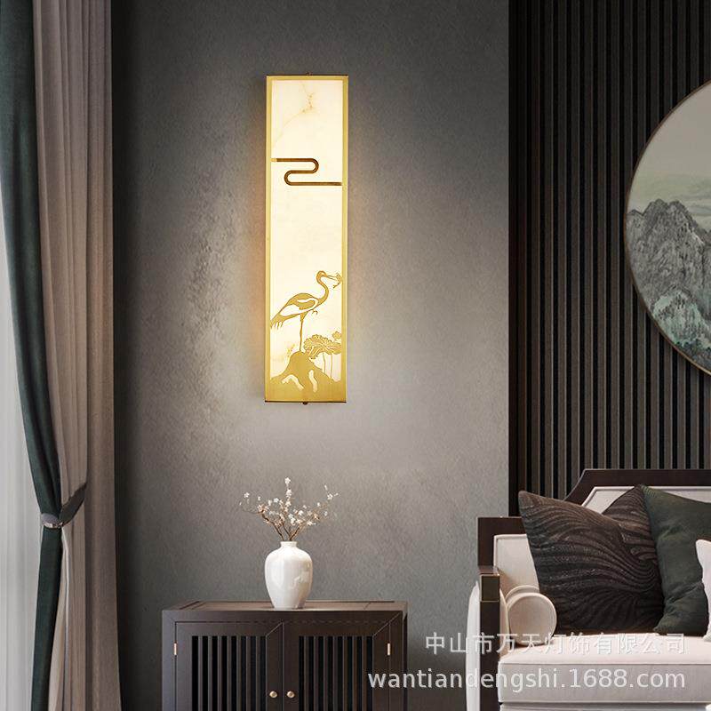 新中式壁灯简约卧室床头灯禅意别墅客厅全铜云石led室内