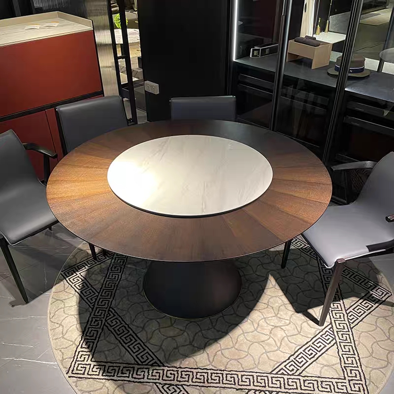 轻奢圆型餐桌小户型岩板玻璃圆桌1.35米带转盘6人家用吃饭桌子