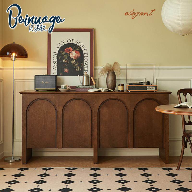 法式中古风拱形门实木餐边柜复古靠墙茶水柜玄关储物斗柜客厅家用