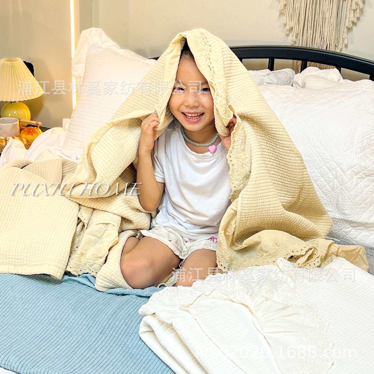 韩式纯棉花边绗缝酵素洗夏被夹棉可机洗全棉床盖秋冬床褥纯色