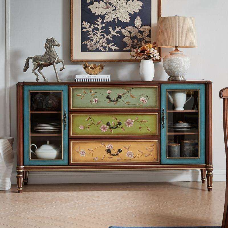 美式餐边柜实木彩绘玄关柜橱柜酒柜客厅带玻璃斗柜卧室电视柜整装