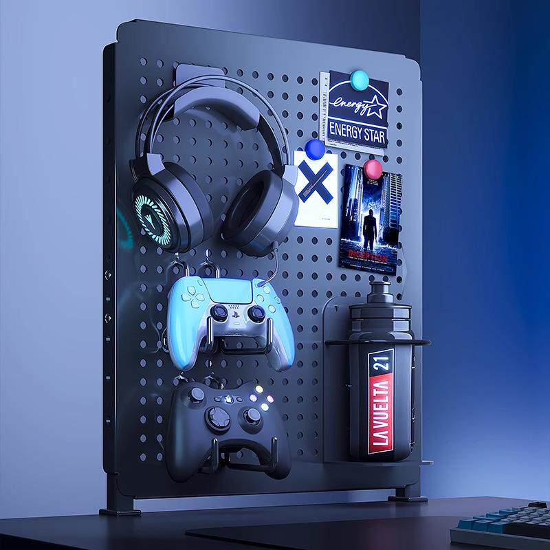 黑色电竞洞洞板置物架电脑桌上面立式免打孔展示房间装饰金属收纳