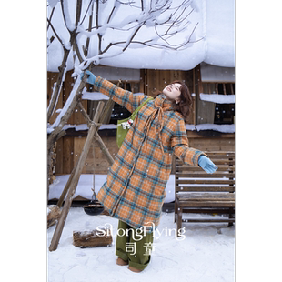 司童 热橙暖冬毛呢格纹中长款羽绒服90白鸭绒过膝御寒外套冬新款