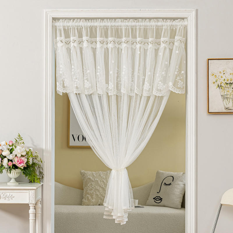 门帘隔断帘房间蕾丝纱帘免打孔伸缩杆法式田园厨房卫生间半截短帘