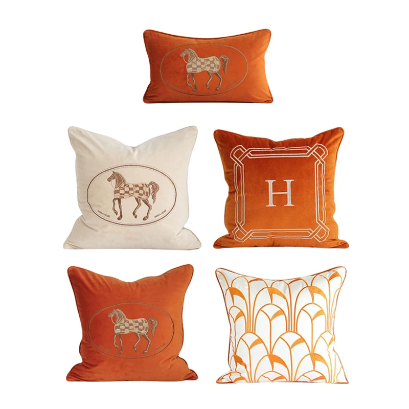 高级荷兰绒刺绣/简约轻奢/设计师款爱马名仕橘色/沙发样板房抱枕