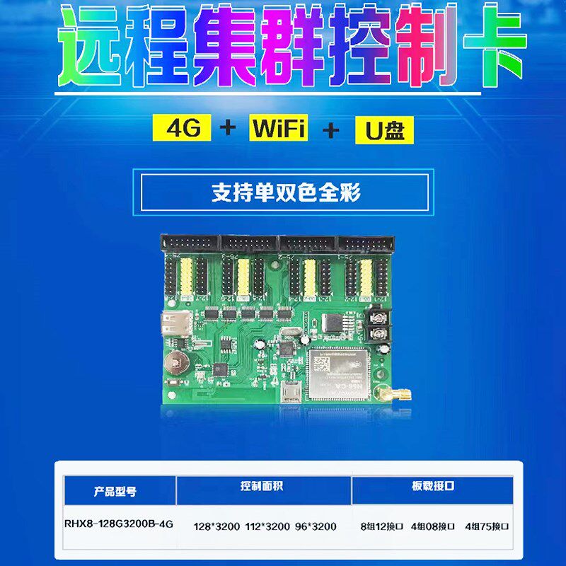 LED显示屏无线GPRS集羣网路发送64G1024瑞合信4G控制卡单双色全彩