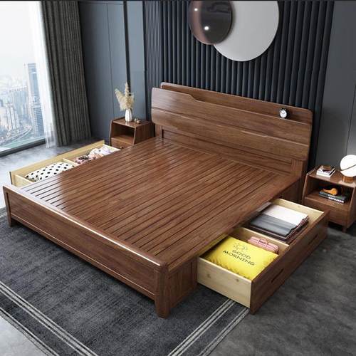 胡桃木实木床8122#米代简约主现1.卧双人床家用储物床1.5米小户型