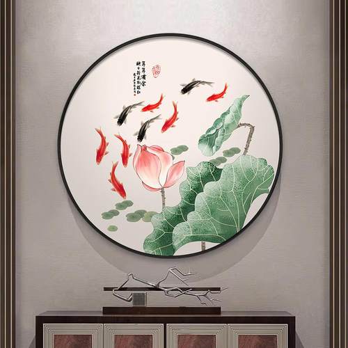 子画灯画鱼图玄关装饰画新中式柿205213圆财形餐厅挂招事事如意墙