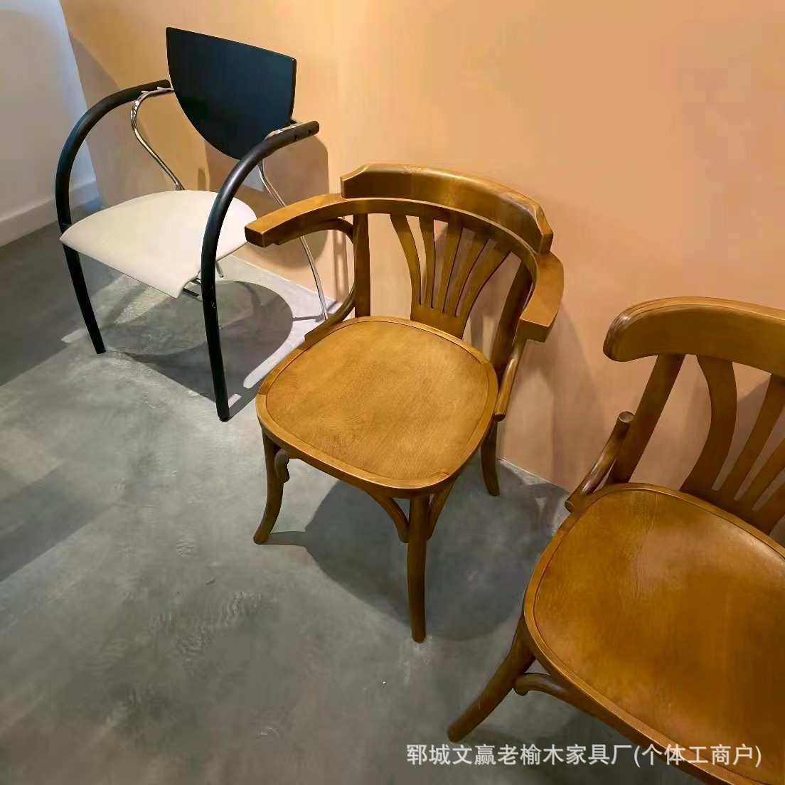 老榆木板凳咖啡厅靠背椅中古风奶茶店靠背休闲椅极简西式餐厅椅子