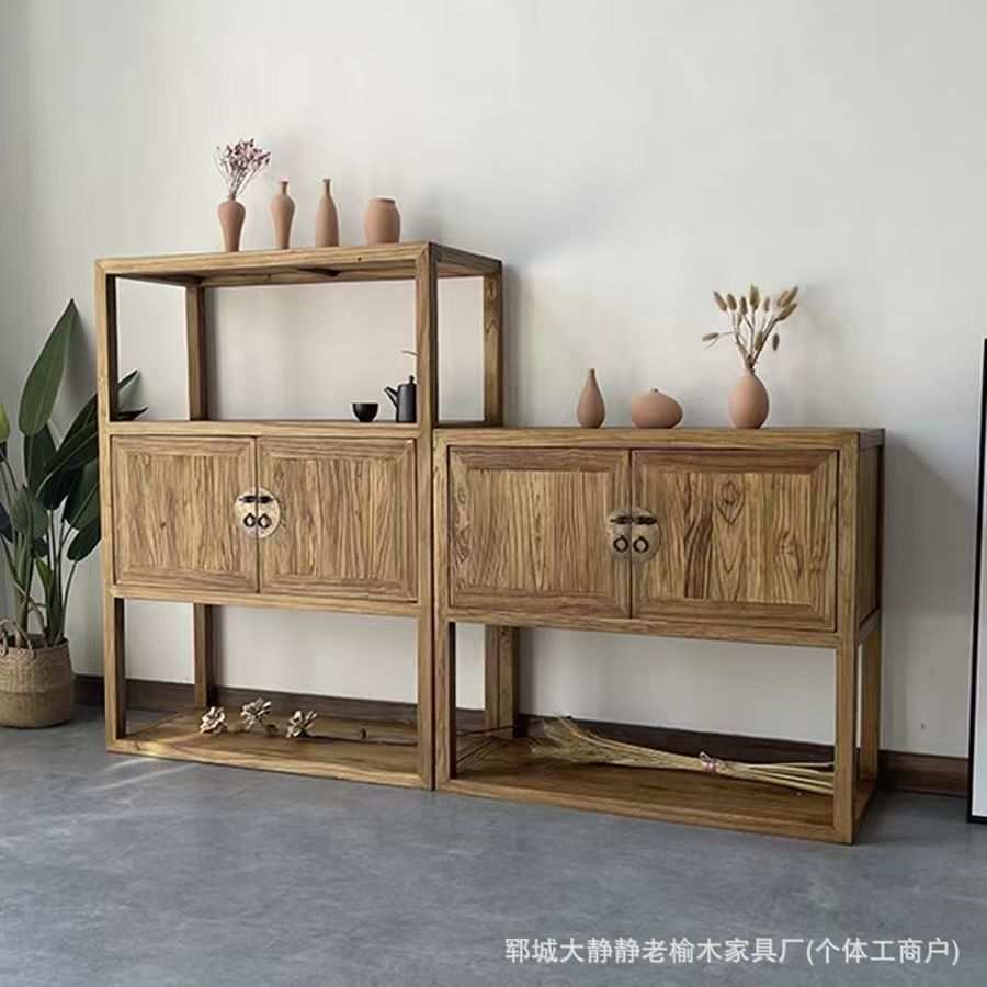 新中式老榆木餐边柜家用双开门储物柜民宿靠墙茶具收纳柜实木书柜