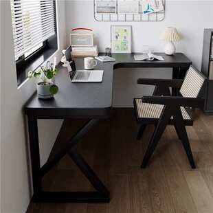 实木l型转角书桌黑色拐角电脑桌卧室儿童学习办公桌墙角桌子7字型