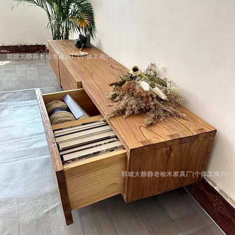 老榆木电视柜实木客厅储物柜家居落地式矮柜实木家具抽屉式电视柜