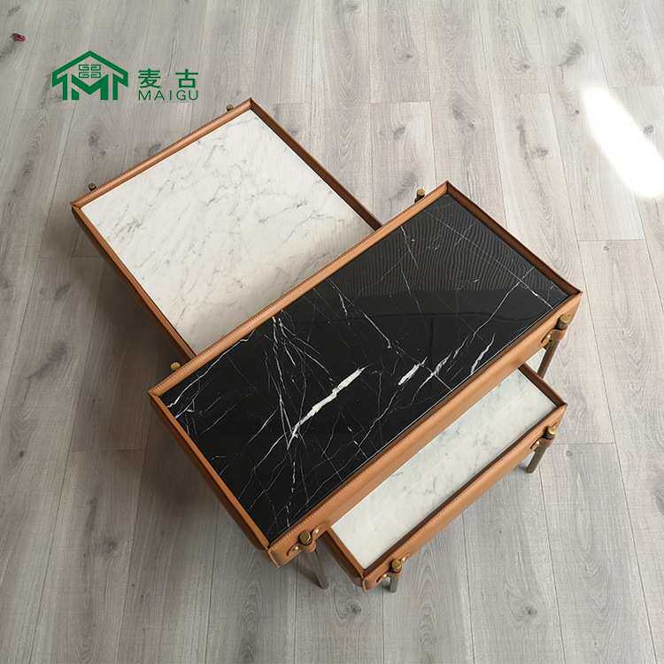 麦古 北欧现代轻奢简约客厅别墅马鞍皮双层组合仿大理石茶几家具
